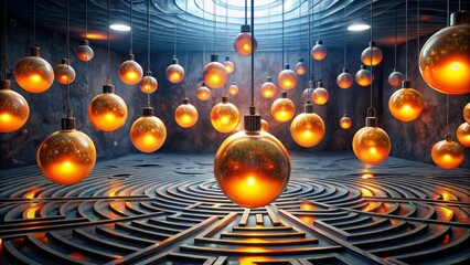 Glowing peach orbs suspended within a charcoal labyrinth, reflecting the light of hidden truths
