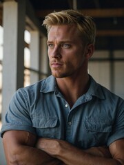 Obraz premium Handsome muscular blond construction worker posing thoughtfully in an industrial setting during daylight hours.