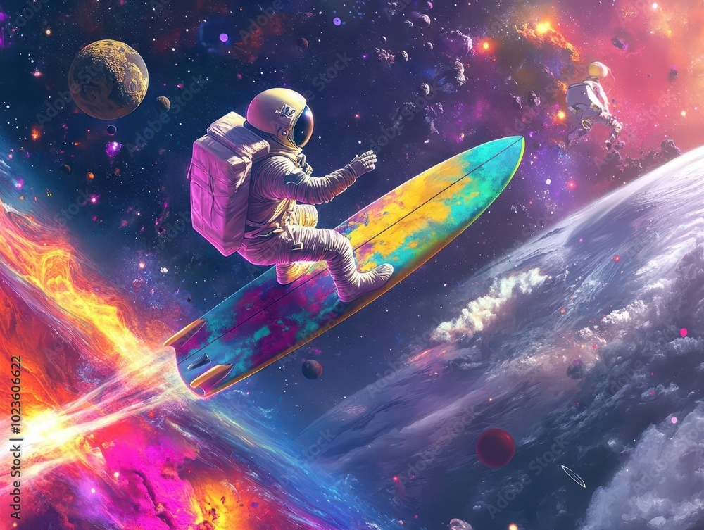Poster astronaut riding a vibrant surfboard through the vastness of space, surrounded by colorful cosmic el