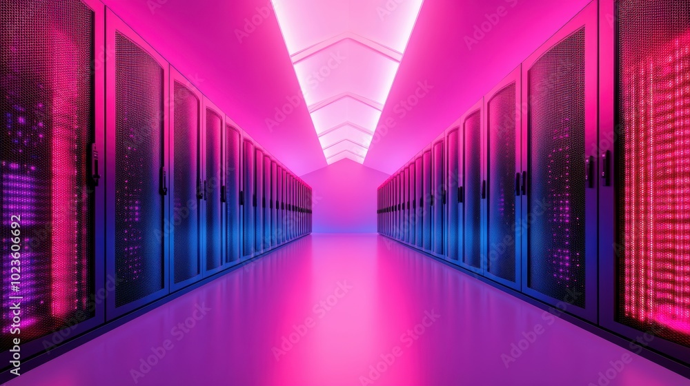 Poster a server room with racks of powerful computers, showcasing the infrastructure required for processin