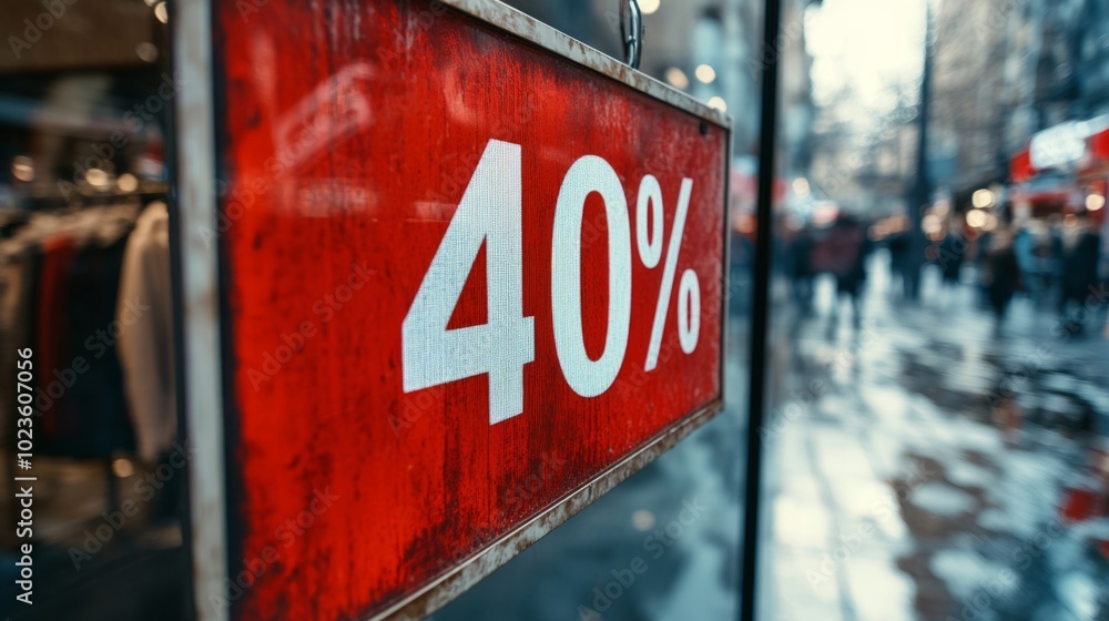 Poster a red sign with the number 40 on it hangs in a window