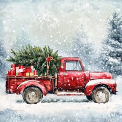 A charming red vintage truck carries festive gifts and a Christmas tree in the snow.