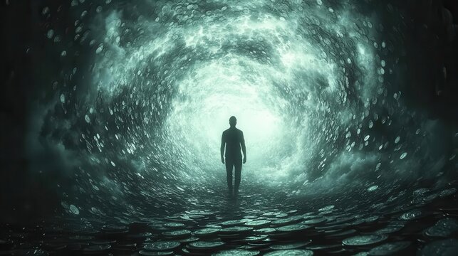 silhouette of a man standing amidst a swirling storm of coins representing the overwhelming allure and chaos of wealth in a captivating illustration