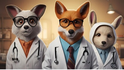 Whimsical Animal Doctors: Adorable Cartoon Foxes in Medical Attire