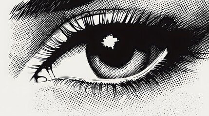A close-up of an eye, with a halftone pattern on a white background, art style, vintage