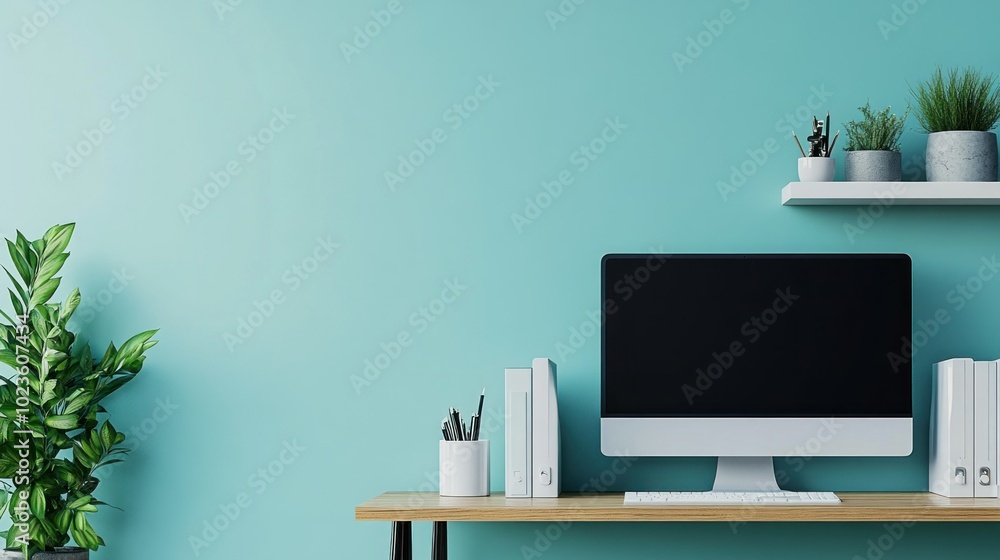 Poster minimalist home office workspace with computer and plants