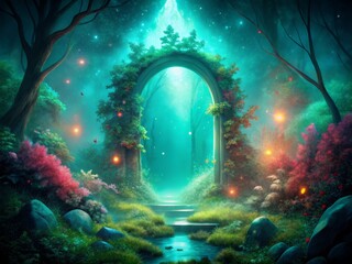 a mystical, glowing portal that leads to a realm of mint and coral, where magic is real