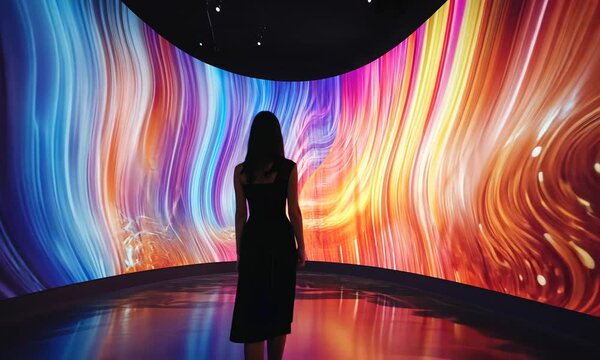 Woman Gazing at a Colorful Immersive Projection