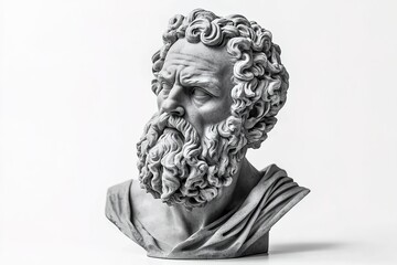 A grayscale sculpture of the head and shoulders of Socrates