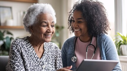 Family Member Assisting Elderly Woman with Digital Device
