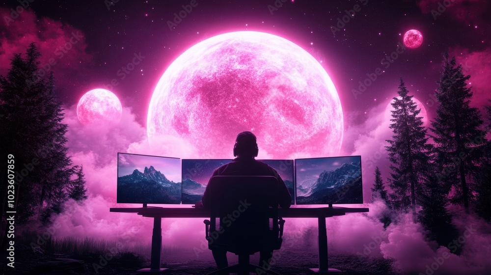 Poster a person sitting at a desk with multiple monitors, each displaying different digital landscapes, sym