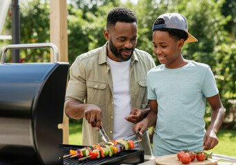 Father and son are grilling vegetable skewers on a grill outside on a sunny day