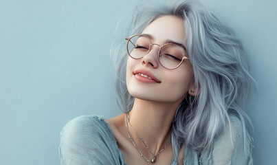 Elegant Young Woman with Grey Hair and Expressive Eyes in Glasses at a Trendy Photoshoot