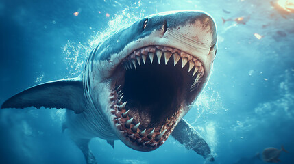 Fototapeta premium Majestic great white shark showcasing powerful jaws underwater