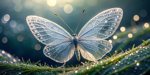Gossamer wings of a luminescent butterfly, its delicate body crafted from pale silver wire, perched on a dew-kissed leaf