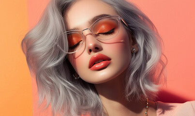 Fashionable Model with Sleek Silver Hair, Bold Orange Eyeshadow, and Trendy Transparent Glasses