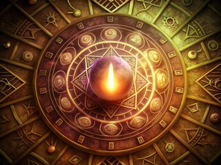 Ancient, mysterious artifact glowing with light olive energy, surrounded by maroon runes and cream-colored hieroglyphs