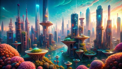 Coral metropolis, where glowing, organic skyscrapers twist and curve like living, breathing entities, inhabited by winged, humanoid sea creatures.