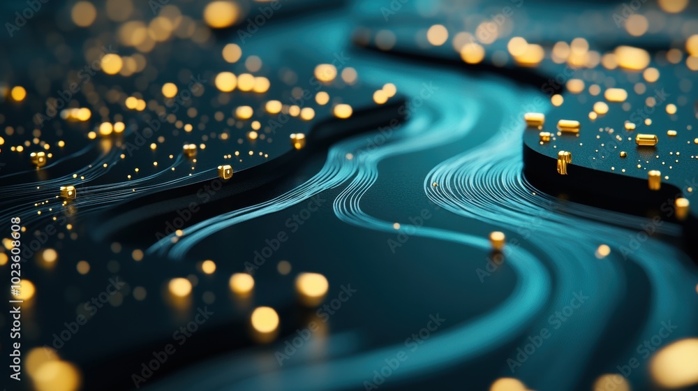 Poster a river of data flowing through a digital landscape, symbolizing the constant movement and exchange 
