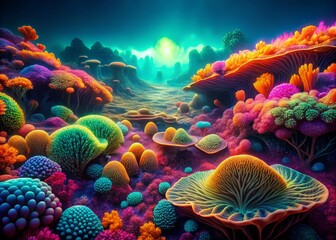 Fluorescent coral landscape, where hills and valleys are formed from undulating waves of glowing, iridescent coral, teeming with bioluminescent creatures.