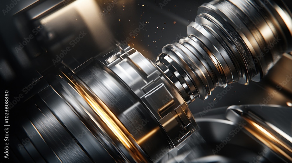 Poster close-up of a metallic mechanical component showcasing intricate design and engineering.
