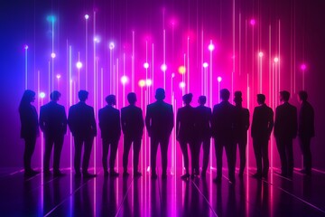 Silhouettes of People Standing in a Neon-Lit Room