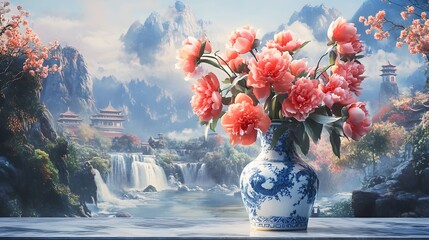A vase of coral pink peonies stands on the table, surrounded by mountains and rivers in the style of ancient Chinese landscape painting