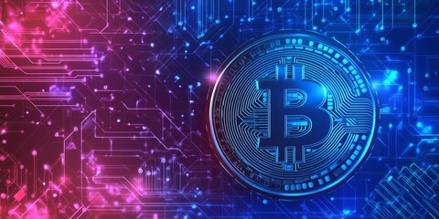 Obraz premium A glowing blue Bitcoin symbol against a vibrant circuit board background.