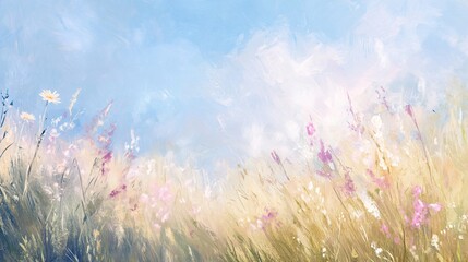 Fototapeta premium Impressionist Painting of a Blooming Meadow Under a Clear Blue Sky