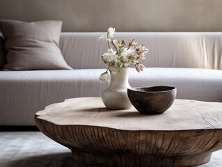 Scallopped shape wooden coffee table with vase