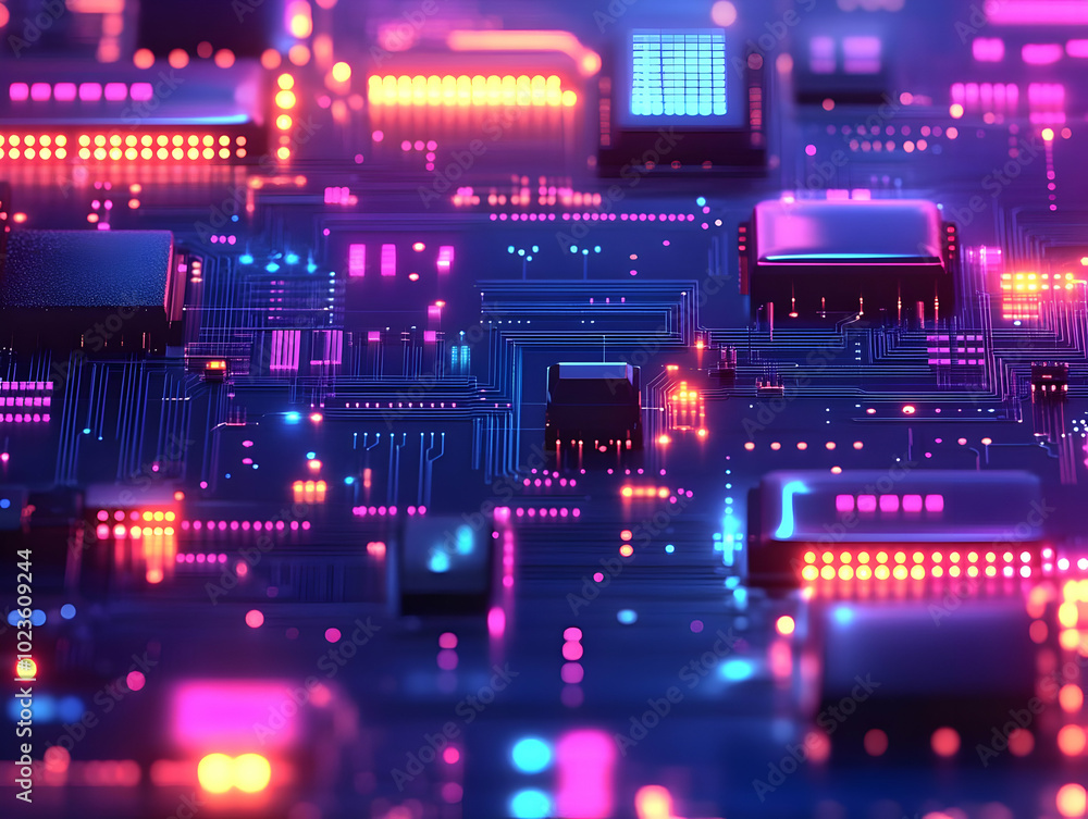 Poster extreme close-up of flat nano circuitry: a futuristic device with pulsing energy and glowing connect