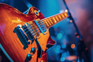 Naklejka premium A guitar is on a stand with a blue background