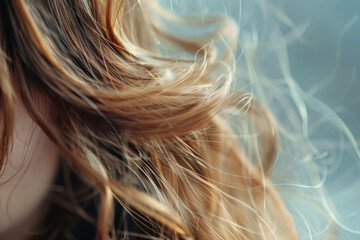 Naklejka premium A woman's long, curly hair is blowing in the wind