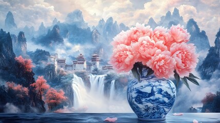 A vase of coral pink peonies stands on the table, surrounded by mountains and rivers in the style of ancient Chinese landscape painting