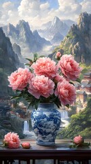 A vase of coral pink peonies stands on the table, surrounded by mountains and rivers in the style of ancient Chinese landscape painting