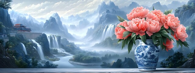 A vase of coral pink peonies stands on the table, surrounded by mountains and rivers in the style of ancient Chinese landscape painting