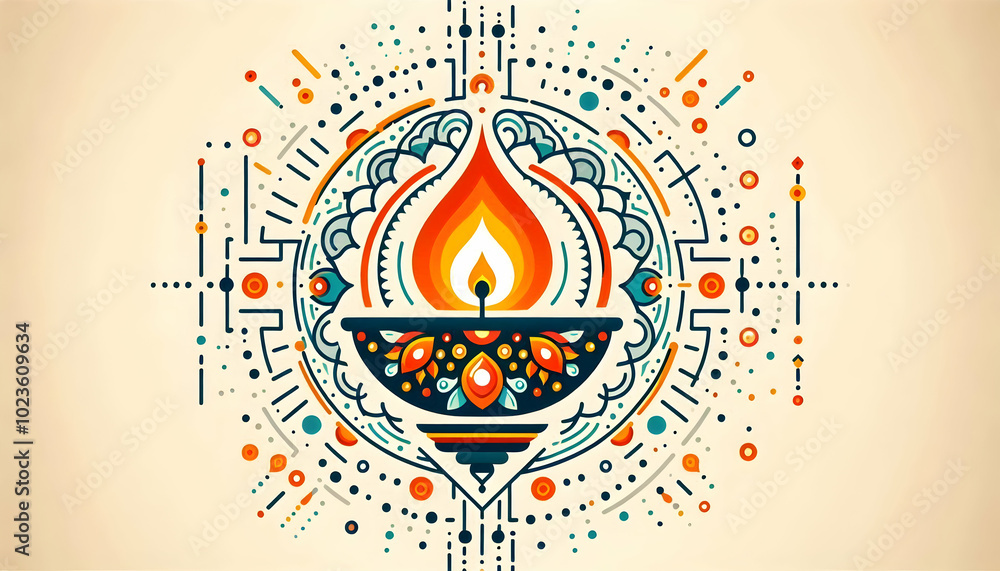 Poster flat isolated diya lamp and rangoli pattern - abstract vector design featuring traditional diya lamp