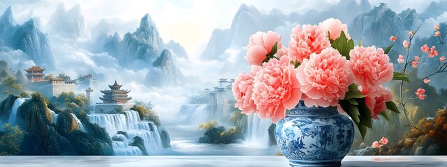 A vase of coral pink peonies stands on the table, surrounded by mountains and rivers in the style of ancient Chinese landscape painting