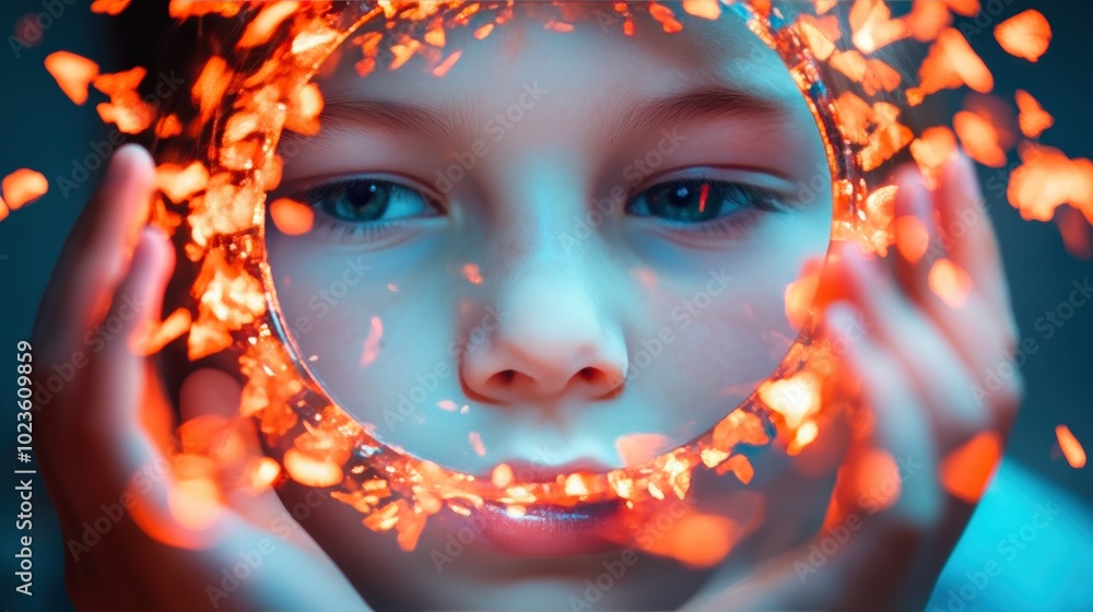 Poster a child holding a kaleidoscope, gazing at the intricate patterns reflected in the mirror. the kaleid