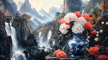 A vase of coral pink peonies stands on the table, surrounded by mountains and rivers in the style of ancient Chinese landscape painting