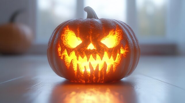 single illuminated jack olantern with a menacing grin casting eerie shadows against a stark white background creating a haunting halloween atmosphere filled with anticipation and spooky charm