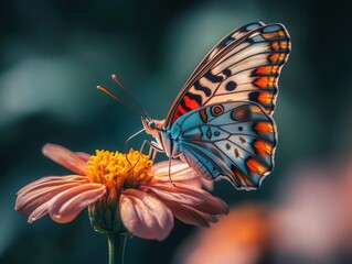 Obraz premium captivating macro shot of a butterfly perched delicately on a vibrant flower, showcasing intricate wing patterns and vibrant colors. the beauty of nature is highlighted in stunning detail and clarity