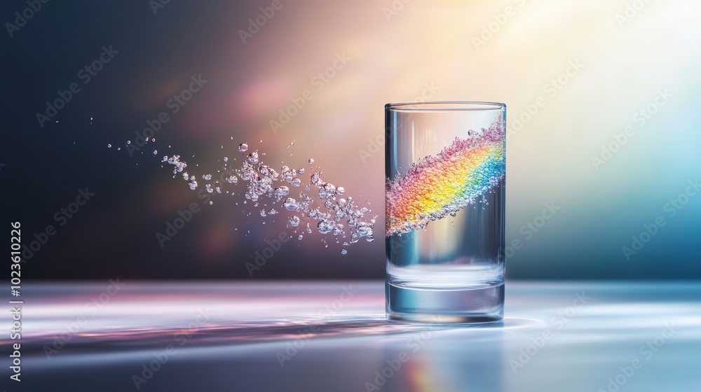 Sticker A glass of water, with a colorful, abstract painting on the outside, reflecting the distorted image of the painting inside. The light source is a soft, diffused light, creating a dreamlike atmosphere.