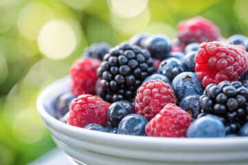 A bowl of mixed berries, including raspberries and blueberries