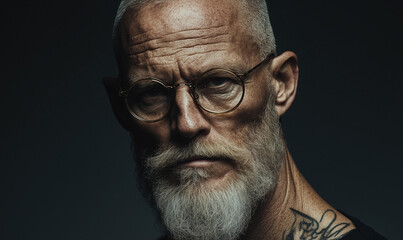 Obraz premium Close-Up of a Serious Bald Man with Tattoos, Full Beard, and Stylish Glasses, Posing Against a Dark Background, copy space, for barbershop