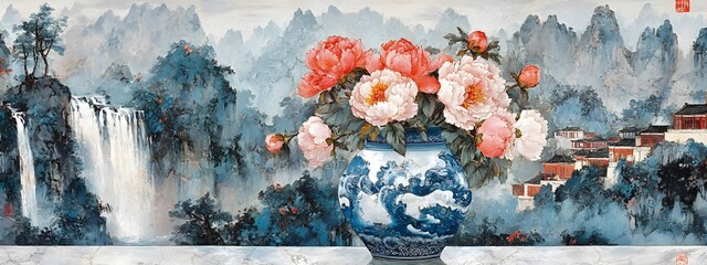 A vase of coral pink peonies stands on the table, surrounded by mountains and rivers in the style of ancient Chinese landscape painting