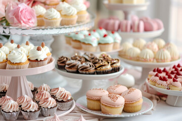 A table full of cupcakes and pastries with a pink and white theme