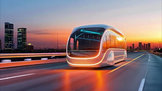 A futuristic autonomous bus traveling on a city road at sunset, featuring sleek design and illuminated accents.