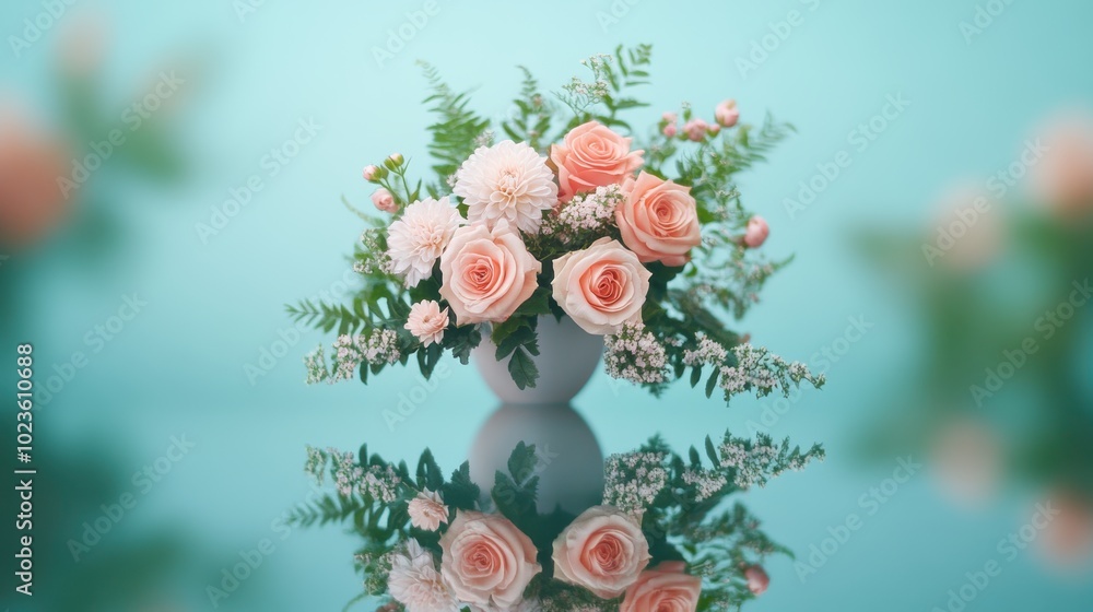 Poster a symmetrical arrangement of flowers in a vase, with the reflection in a mirror creating a mirrored 