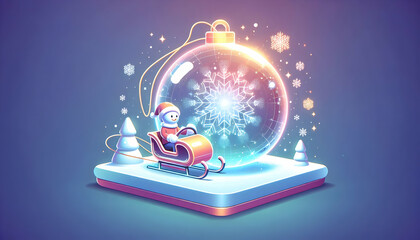 Flat Holographic Snowball with Glowing Sled on White Background - A Playful Winter Design Featuring Ample Copy Space for Your Promotional Text